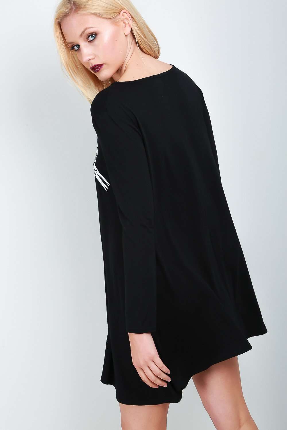 Long Sleeve Skeleton Print Skater Dress - bejealous-com