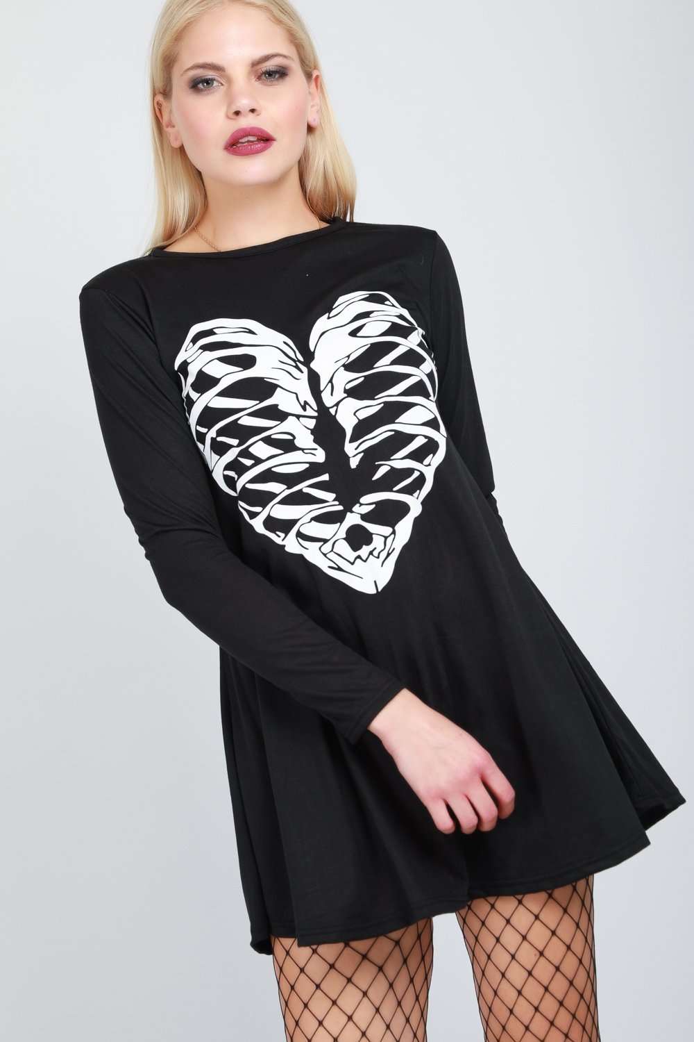 Long Sleeve Skeleton Print Swing Dress - bejealous-com