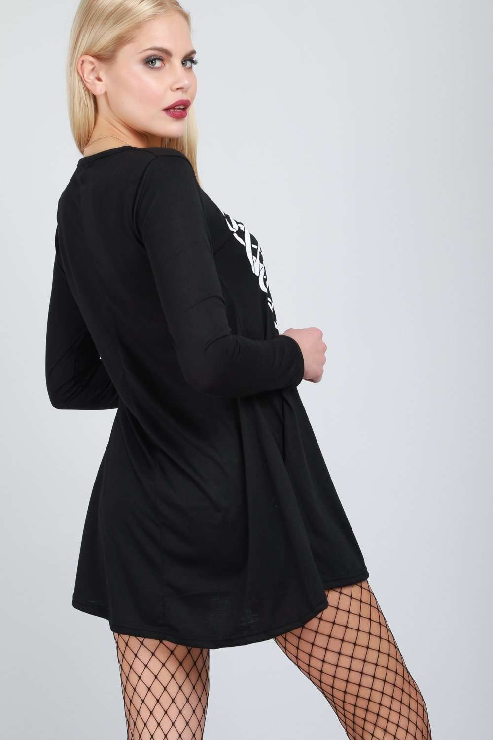 Long Sleeve Skeleton Print Swing Dress - bejealous-com
