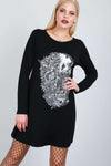 Long Sleeve Skull Print Skater Dress - bejealous-com