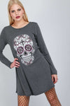 Long Sleeve Skull Print Swing Dress - bejealous-com