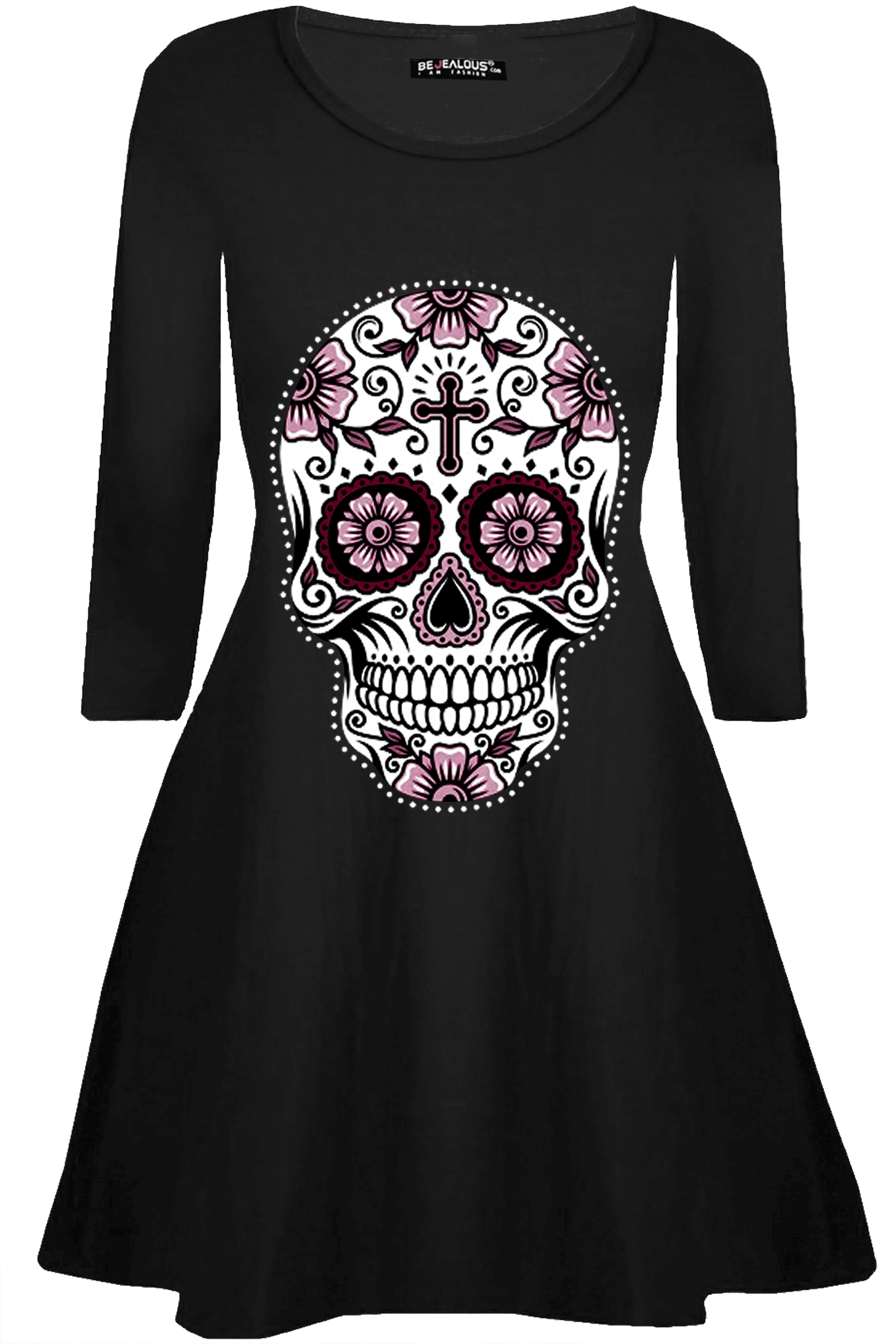 Long Sleeve Skull Print Swing Dress - bejealous-com