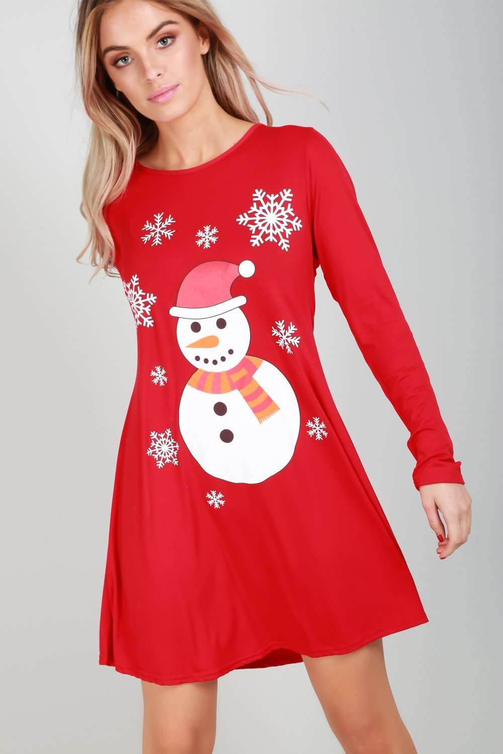 Long Sleeve Snowman Print Swing Dress - bejealous-com