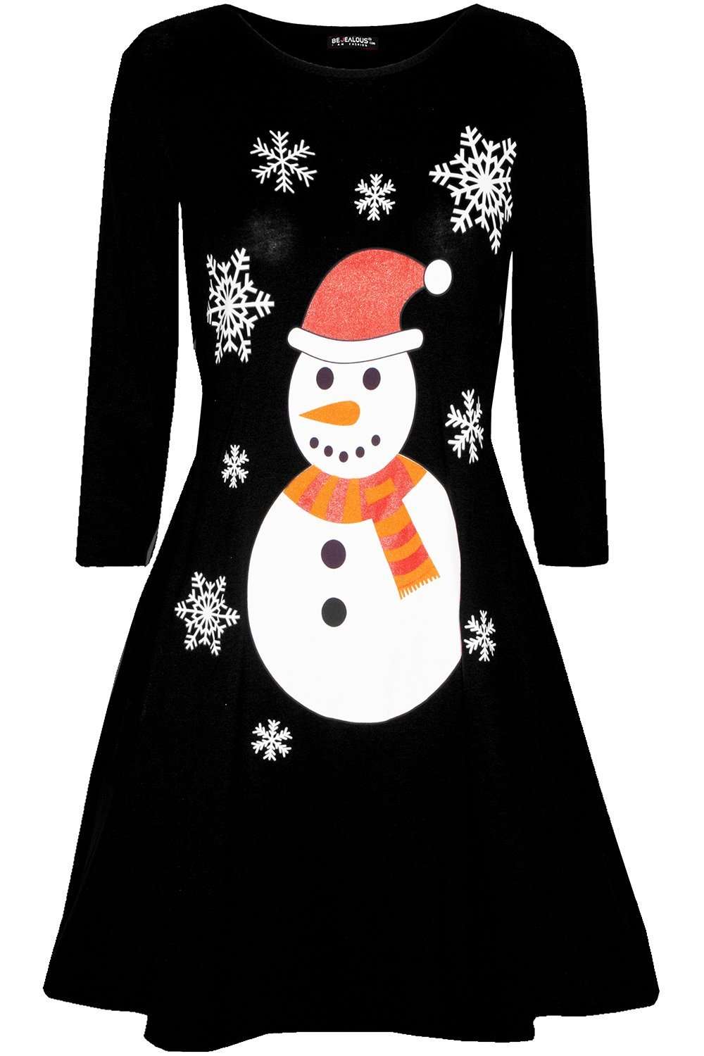 Long Sleeve Snowman Print Swing Dress - bejealous-com