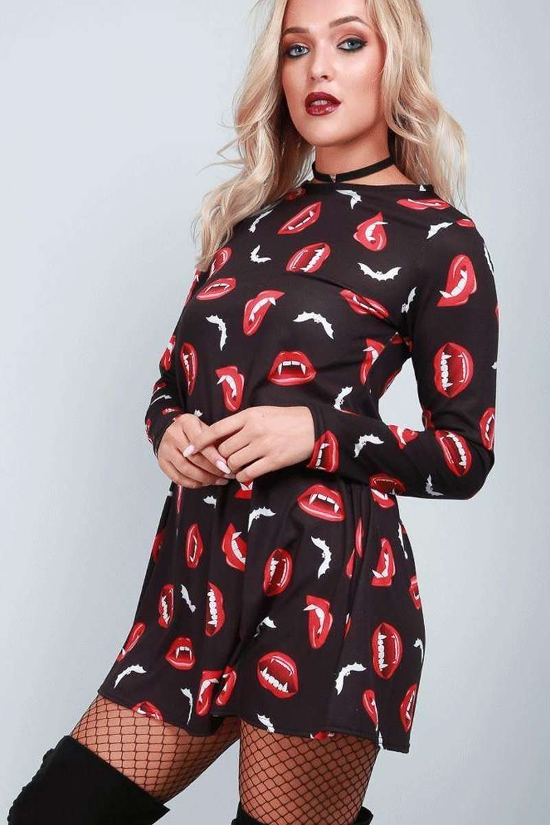 Long Sleeve Vampire Bite Swing Dress - bejealous-com