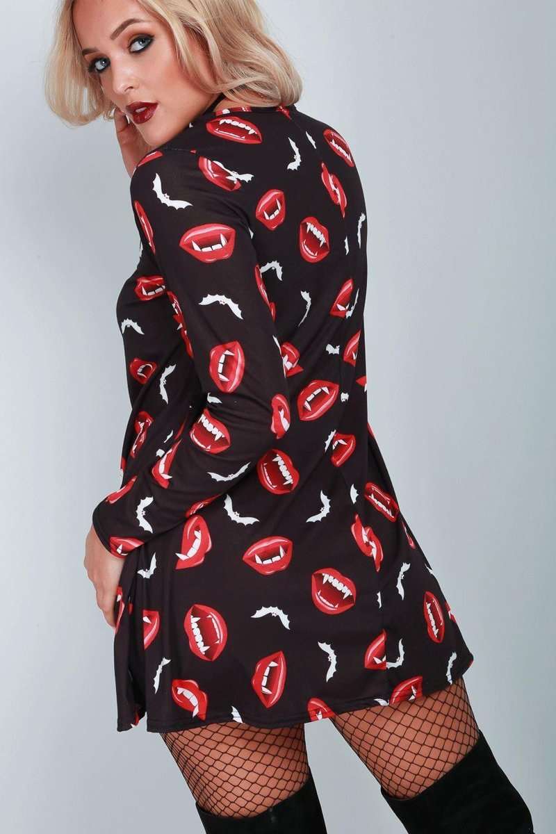 Long Sleeve Vampire Bite Swing Dress - bejealous-com