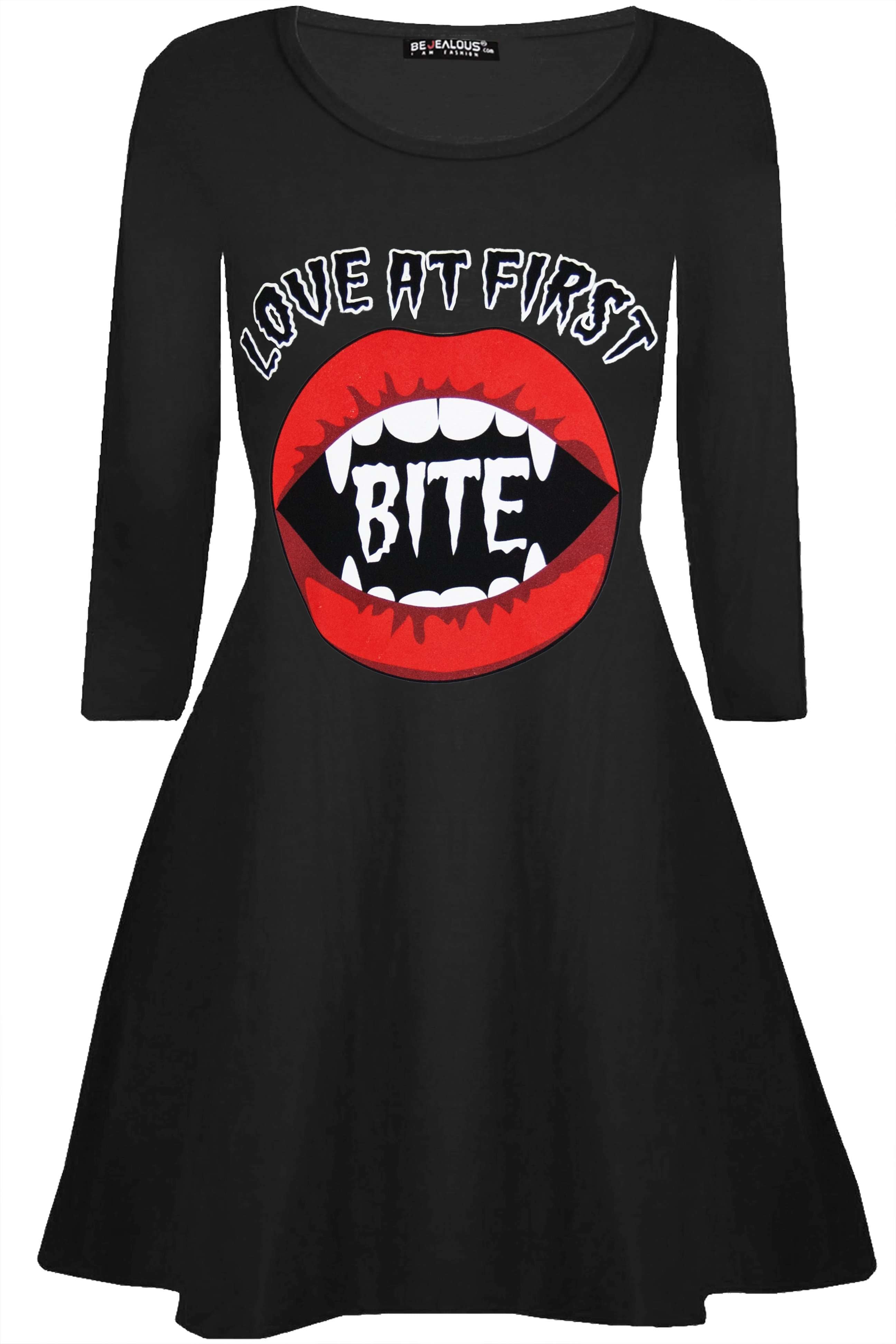 Long Sleeve Vampire Print Swing Dress - bejealous-com
