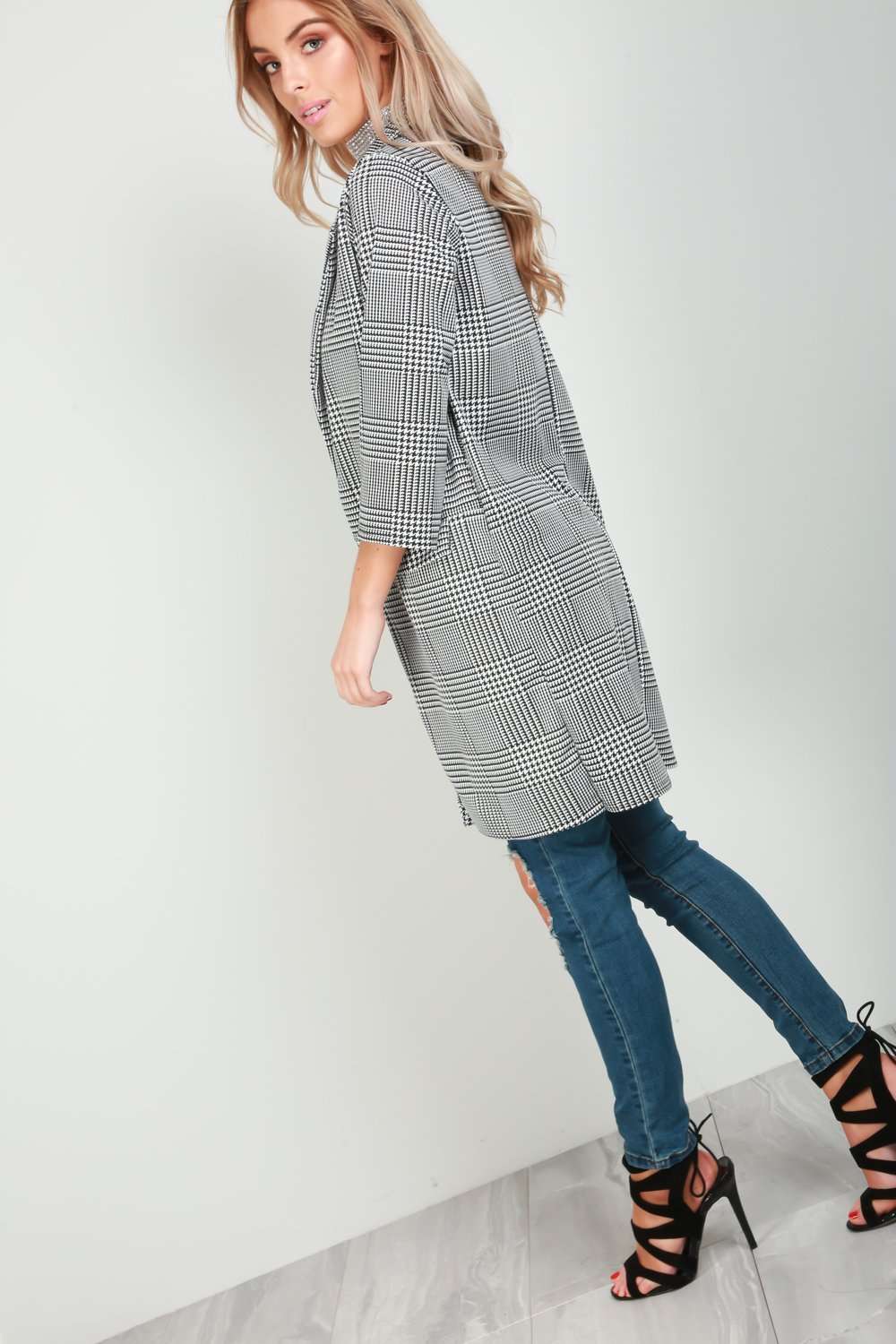 Lottie Monochrome Check Long Line Jacket - bejealous-com