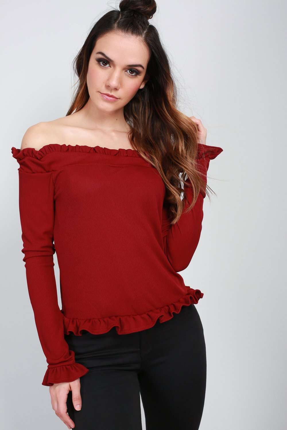 Lou Bardot Frill Ribbed Long Sleeve Top - bejealous-com