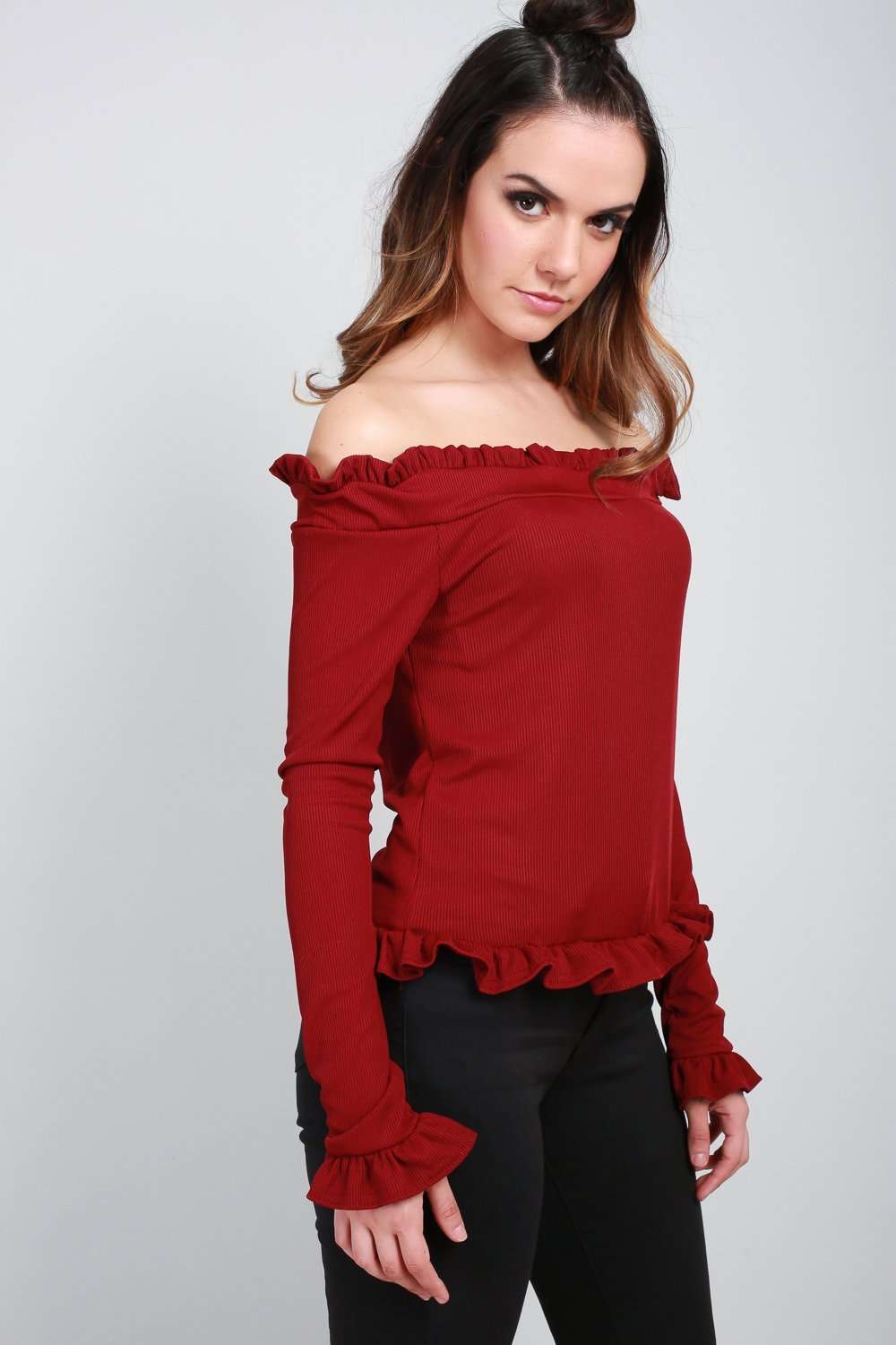 Lou Bardot Frill Ribbed Long Sleeve Top - bejealous-com