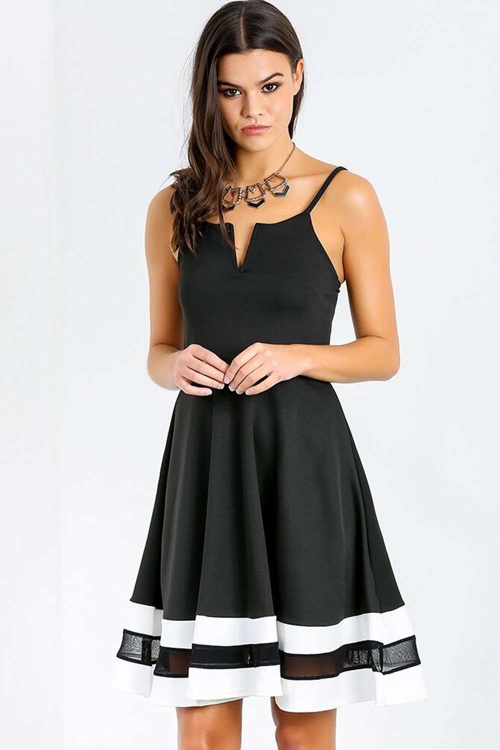 Louisa Monochrome Mesh Insert Mini Skater Dress - bejealous-com