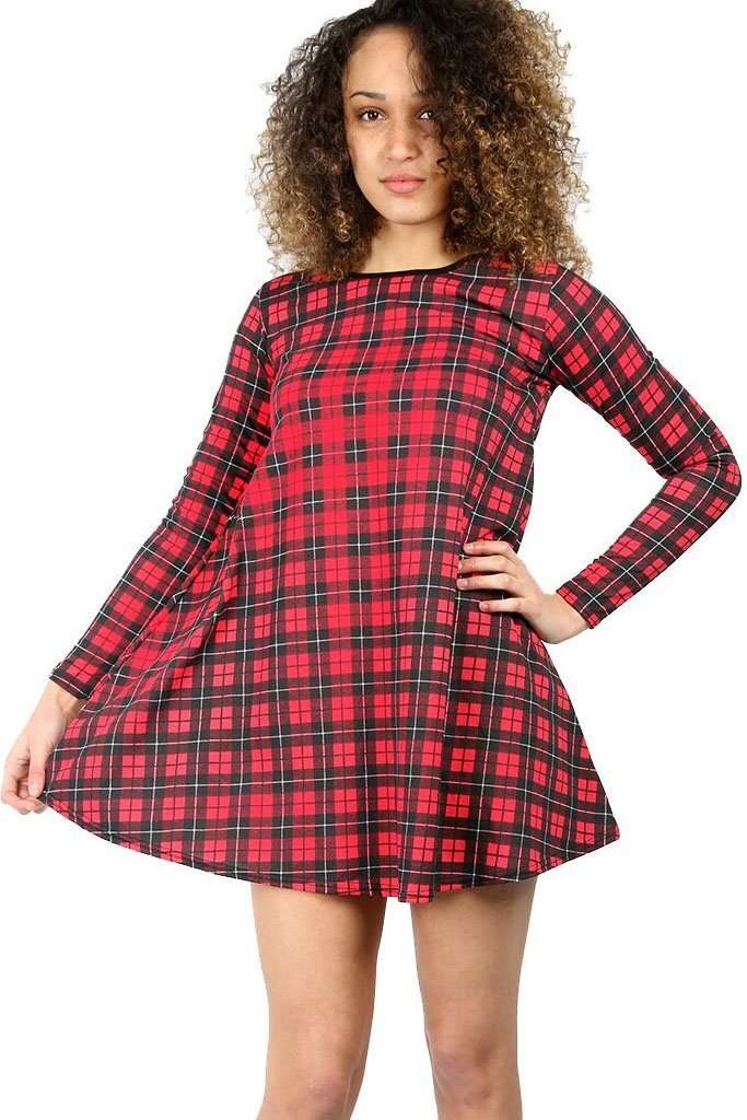 Louise Long Sleeve Tartan Mini Skater Dress - bejealous-com