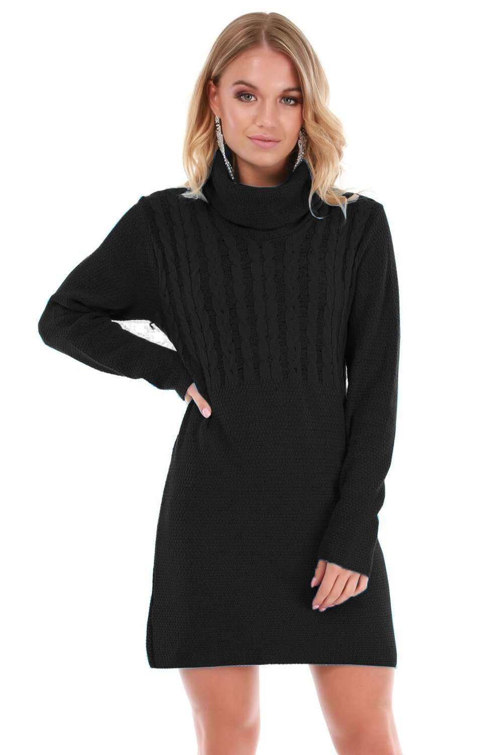 Roll Neck Blue Knitted Jumper Dress - bejealous-com