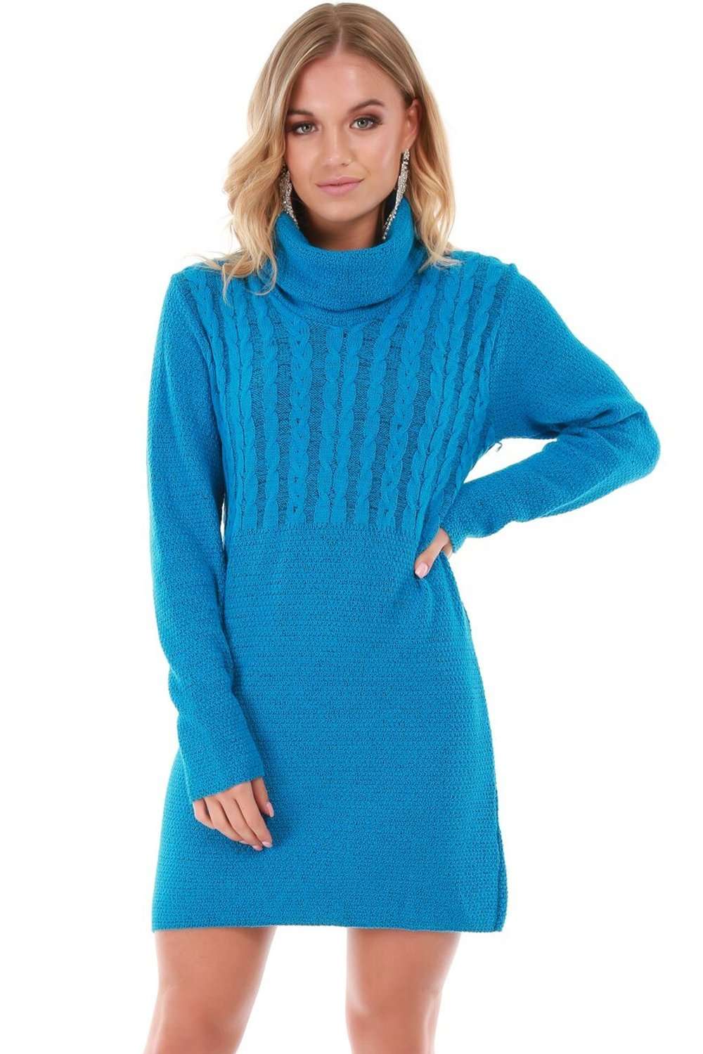 Roll Neck Blue Knitted Jumper Dress - bejealous-com