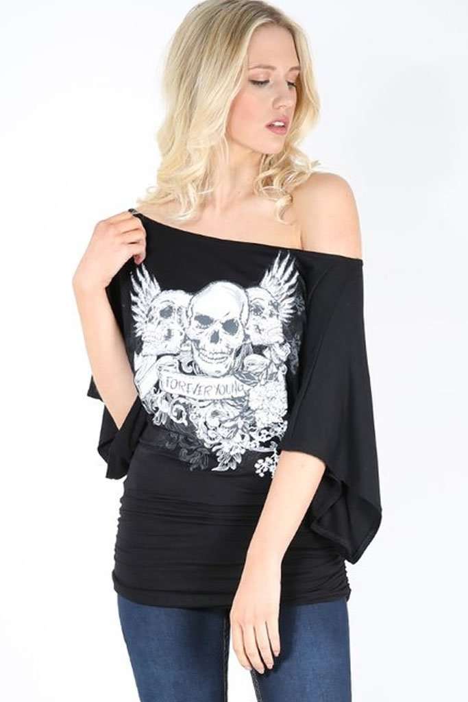 Luna Skull Print Bardot Baggy Tshirt - bejealous-com