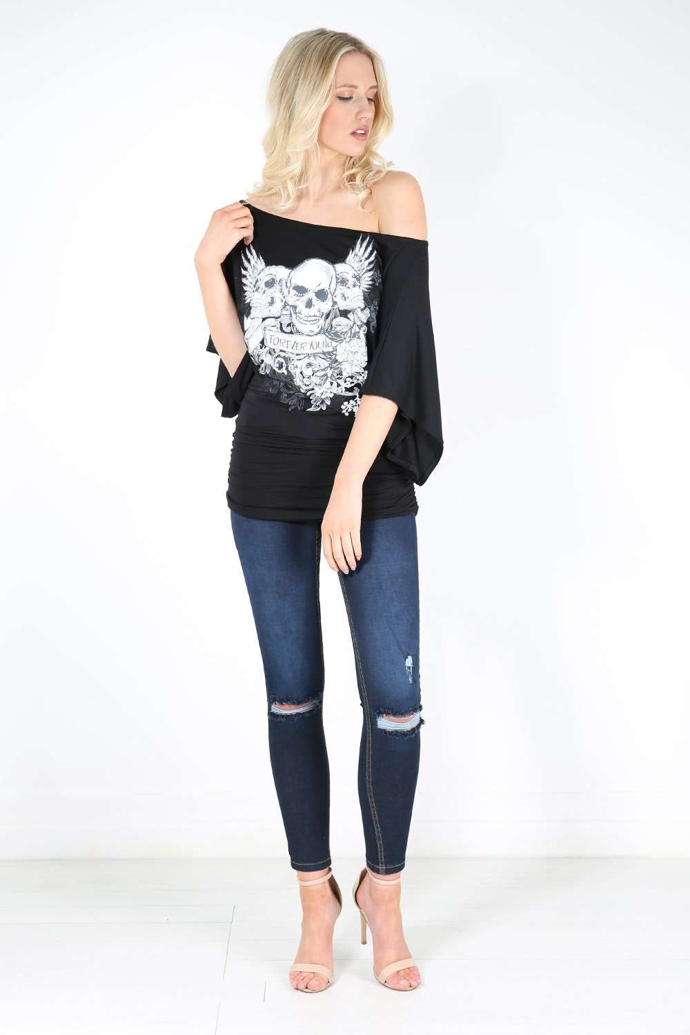Luna Skull Print Bardot Baggy Tshirt - bejealous-com