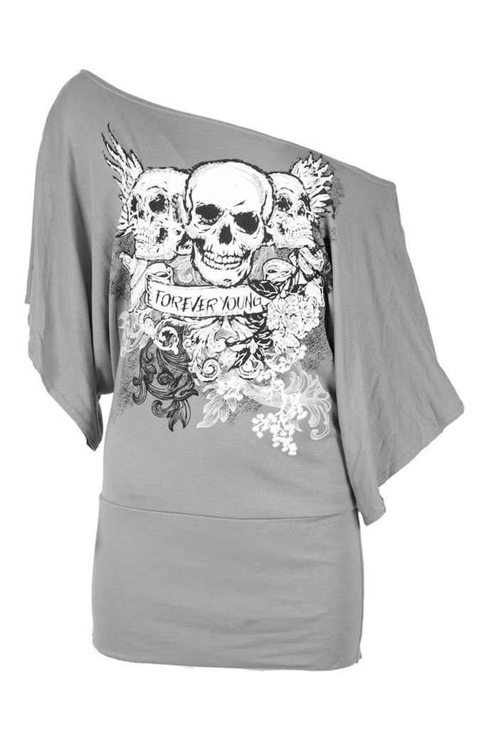 Luna Skull Print Bardot Baggy Tshirt - bejealous-com