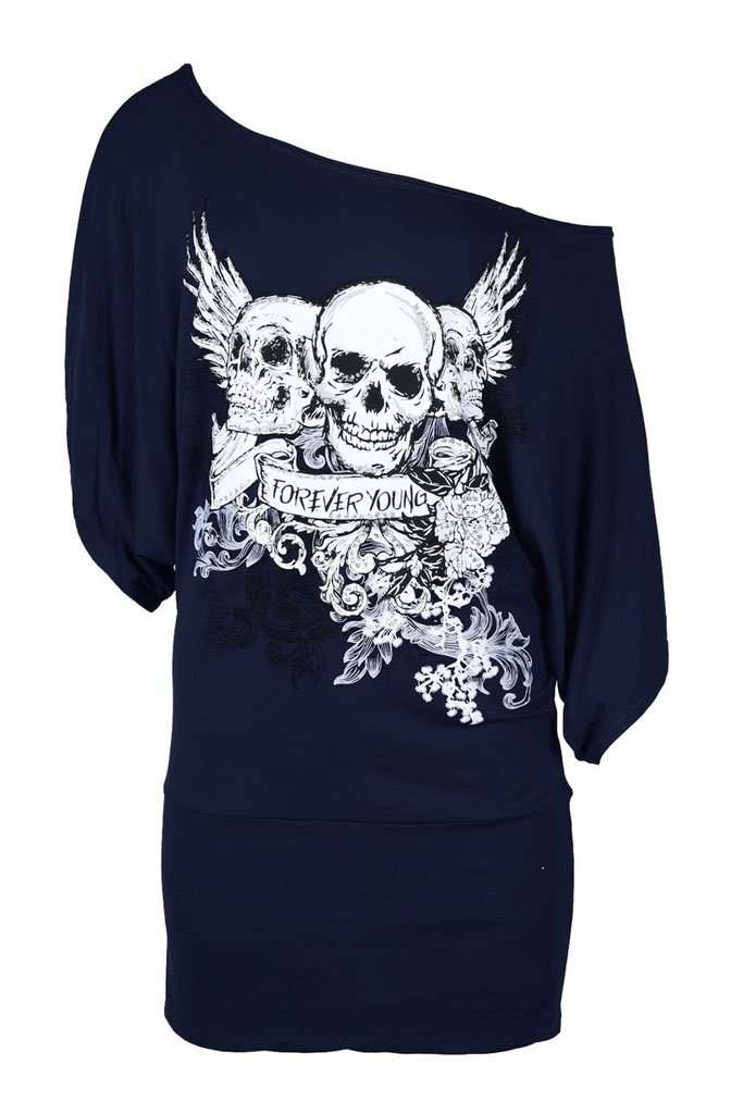 Luna Skull Print Bardot Baggy Tshirt - bejealous-com