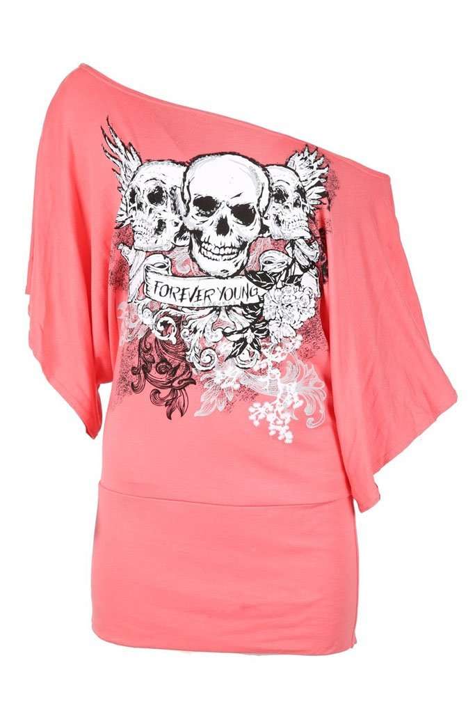 Luna Skull Print Bardot Baggy Tshirt - bejealous-com