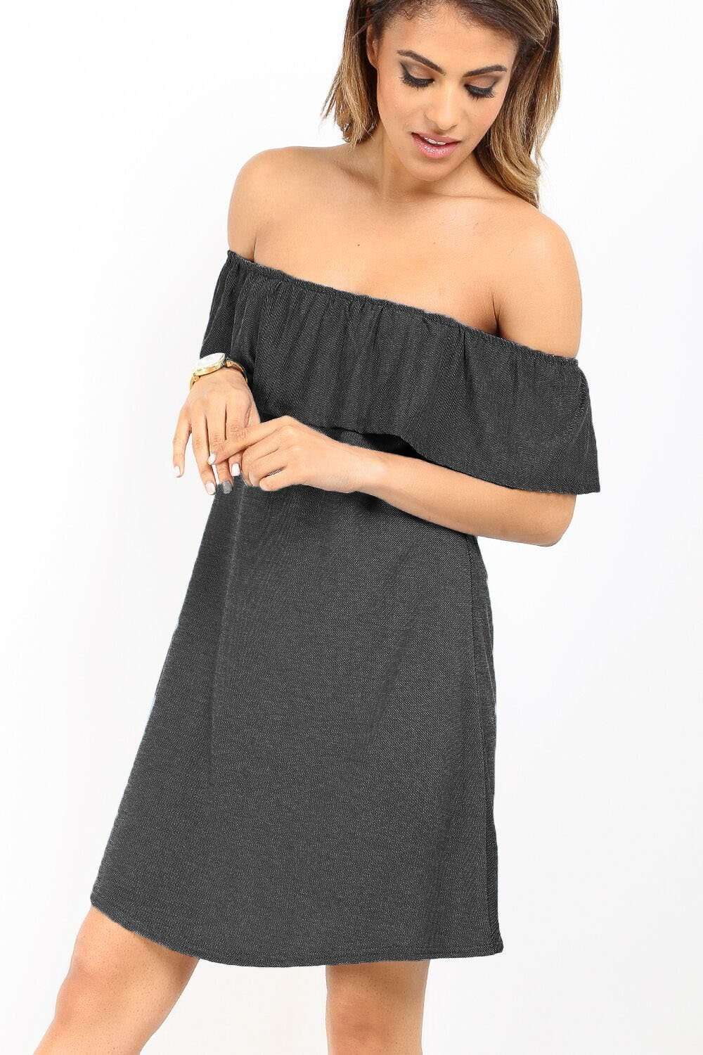 Marlia Cold Shoulder Frill Denim Mini Dress - bejealous-com