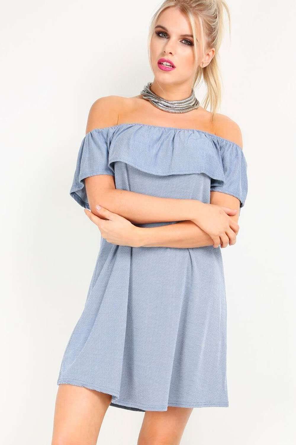Marlia Off Shoulder Frill Denim Mini Dress - bejealous-com
