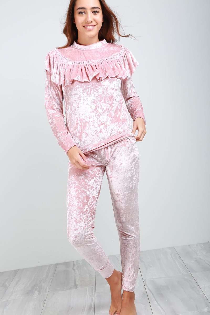 Maya Frilly Faux Velvet Lounge Wear Tracksuit - bejealous-com