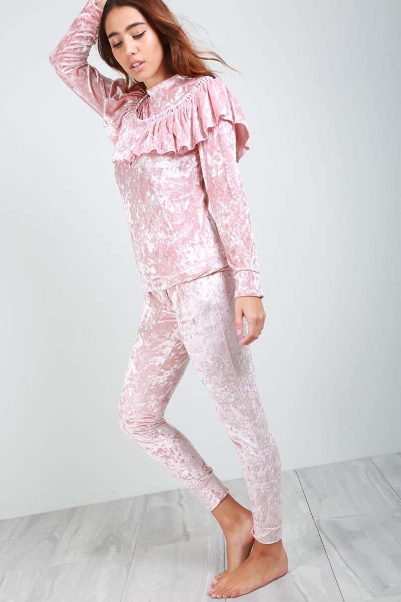 Maya Frilly Faux Velvet Lounge Wear Tracksuit - bejealous-com