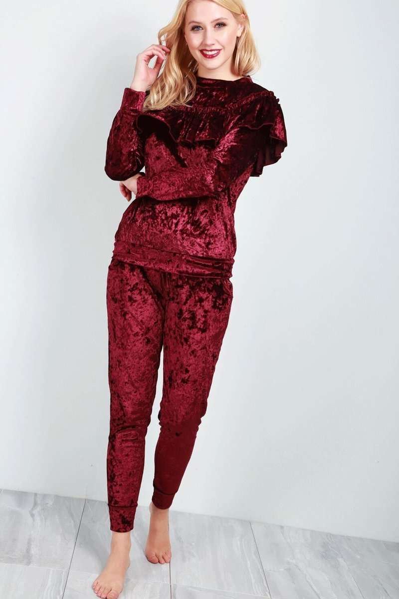 Maya Frilly Faux Velvet Lounge Wear Tracksuit - bejealous-com