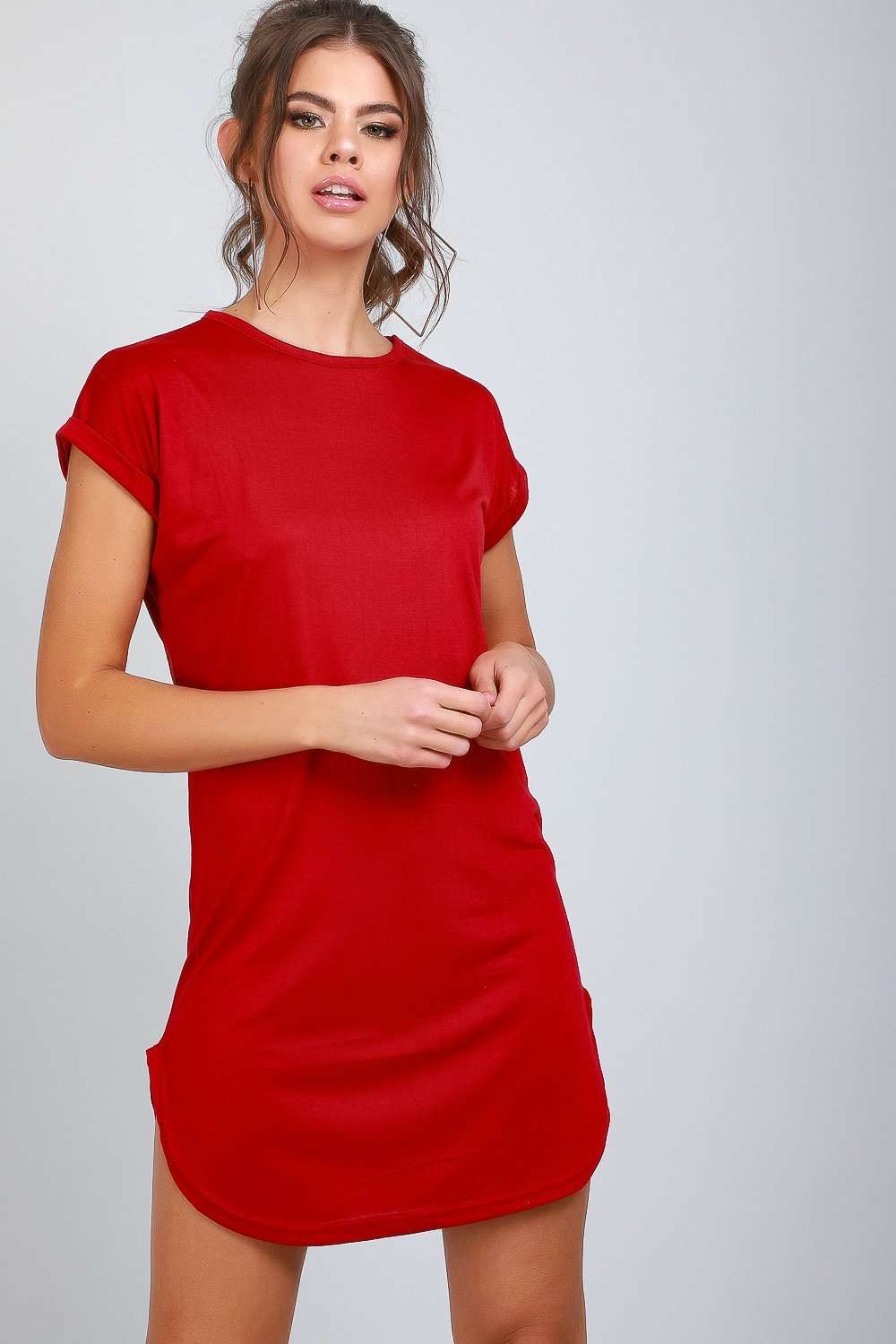 Red Turn Up Sleeve Curved Hem Tshirt Dress - bejealous-com