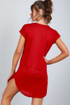 Red Turn Up Sleeve Curved Hem Tshirt Dress - bejealous-com