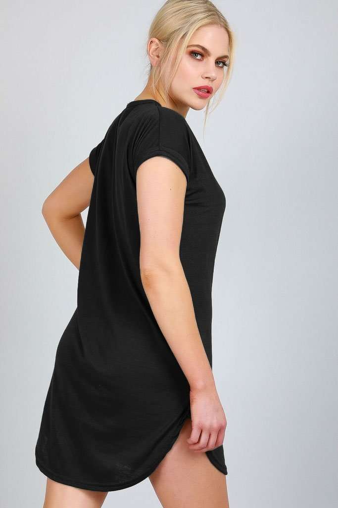 Black Turn Up Sleeve Curved Hem Tshirt Dress - bejealous-com