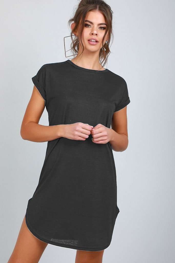Black Turn Up Sleeve Curved Hem Tshirt Dress - bejealous-com