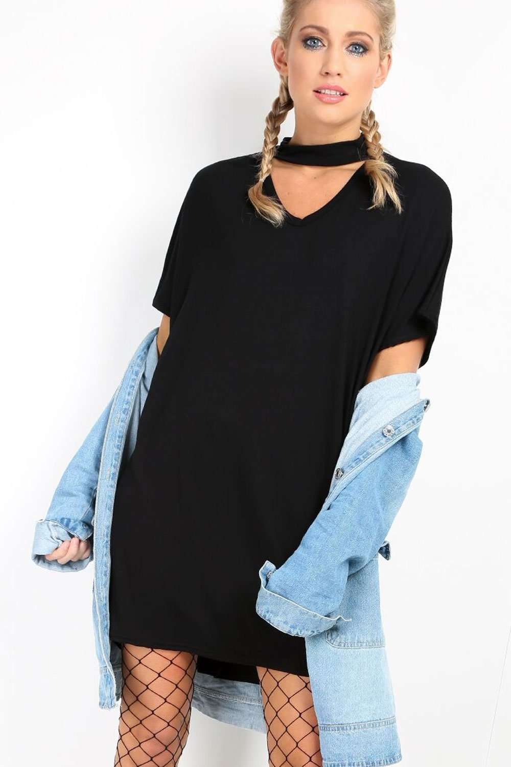 Meela Choker Neck Oversized Tshirt Dress - bejealous-com