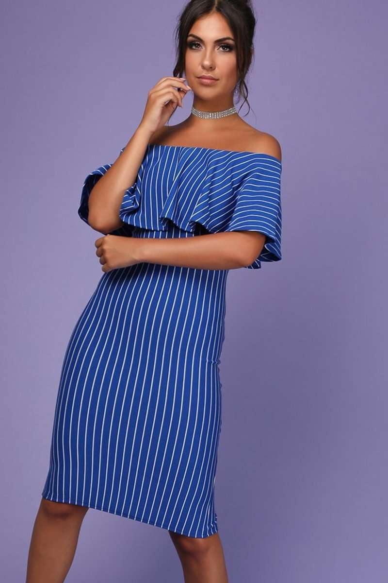 Meela Pin Stripe Off The Shoulder Bodycon Dress - bejealous-com