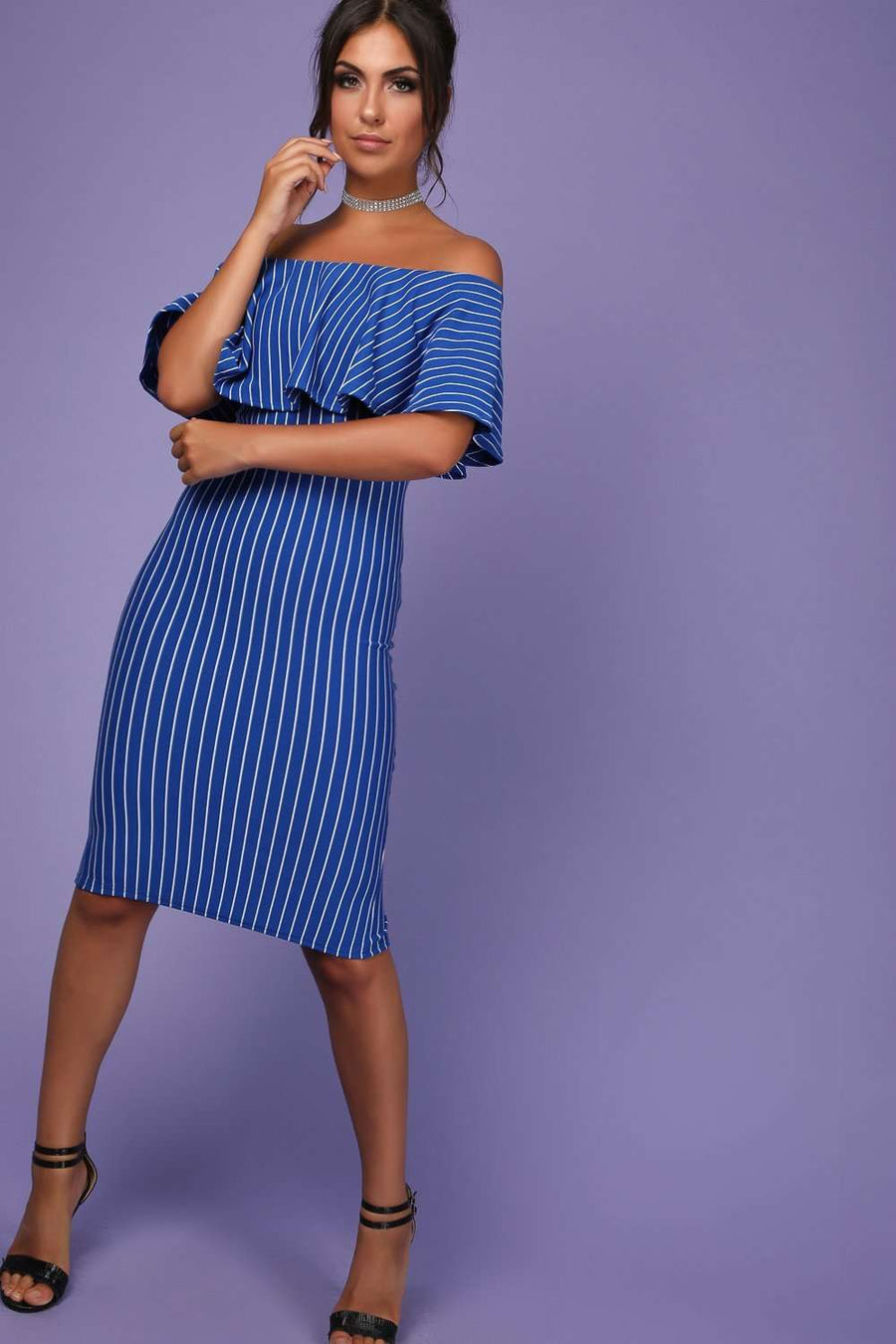 Meela Pin Stripe Off The Shoulder Bodycon Dress - bejealous-com