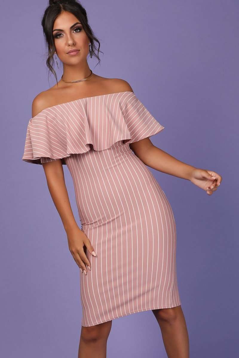 Meela Pin Stripe Off The Shoulder Bodycon Dress - bejealous-com