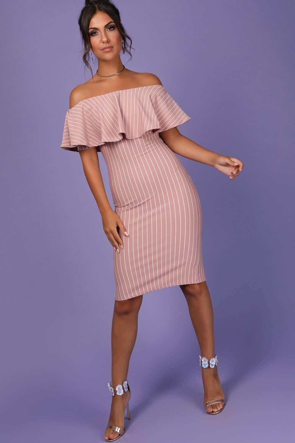 Meela Pin Stripe Off The Shoulder Bodycon Dress - bejealous-com