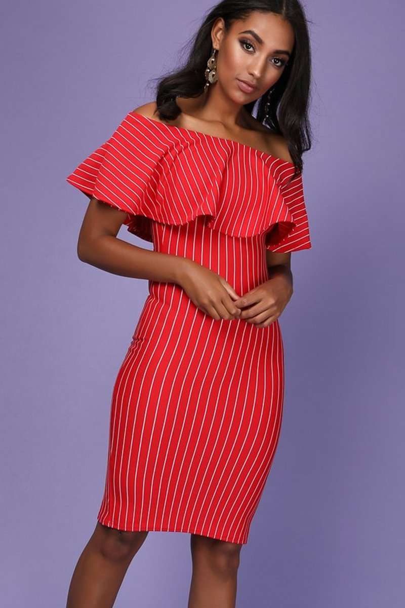 Meela Pin Stripe Off The Shoulder Bodycon Dress - bejealous-com