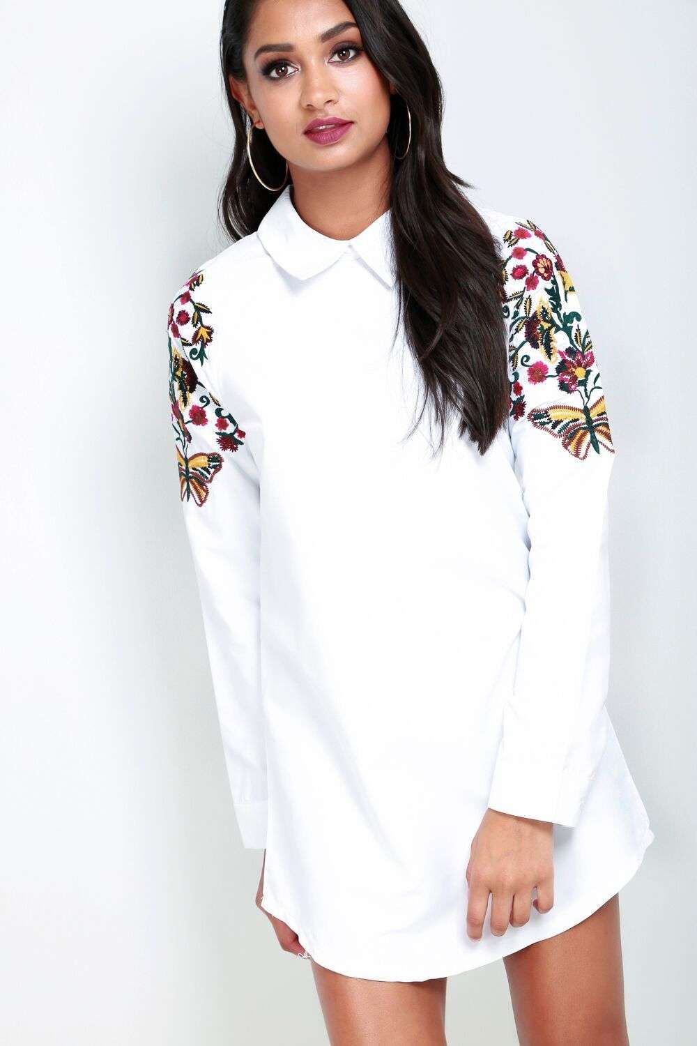 Meghan Floral Embroidered Curved Hem Shirt Dress - bejealous-com