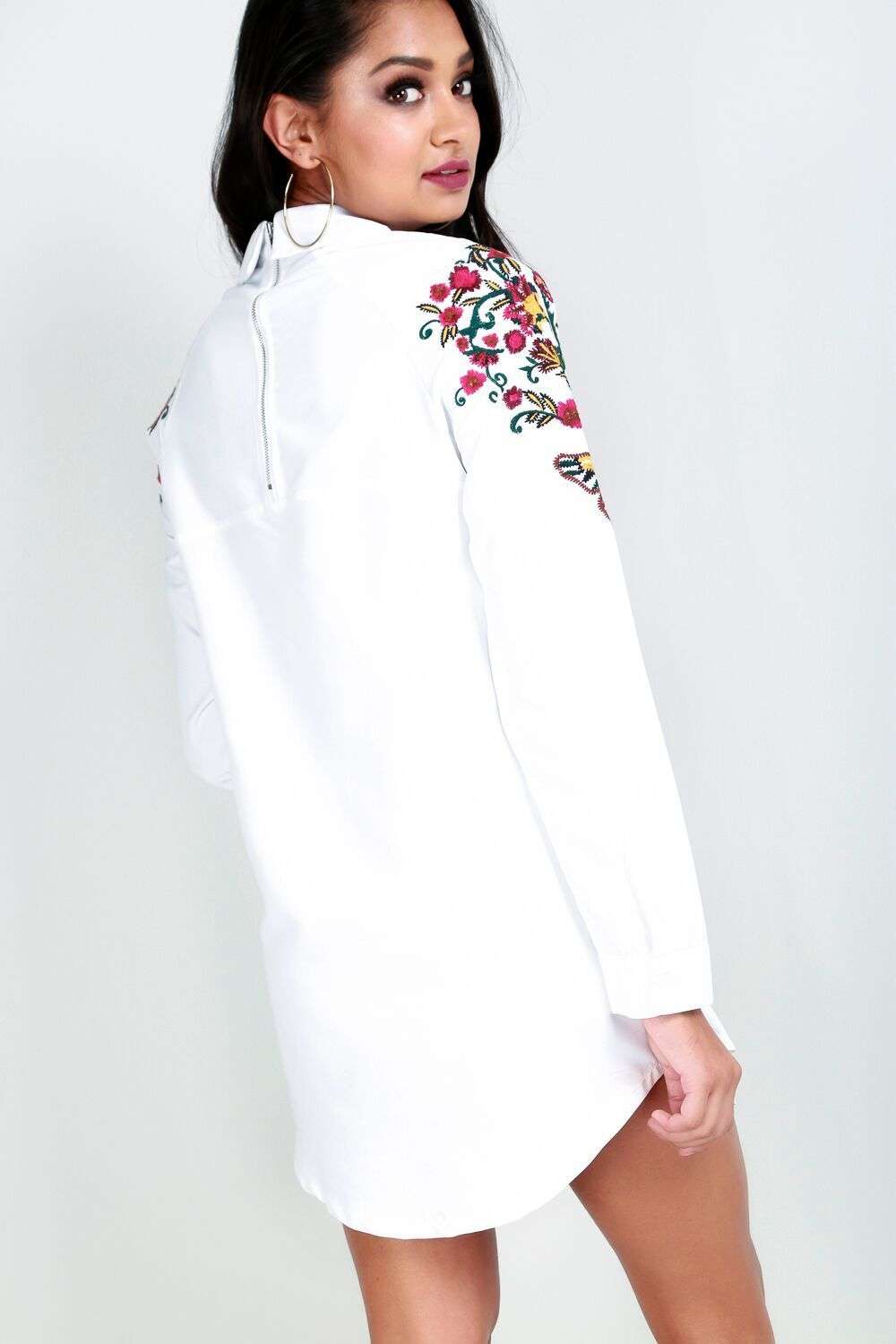 Meghan Floral Embroidered Curved Hem Shirt Dress - bejealous-com