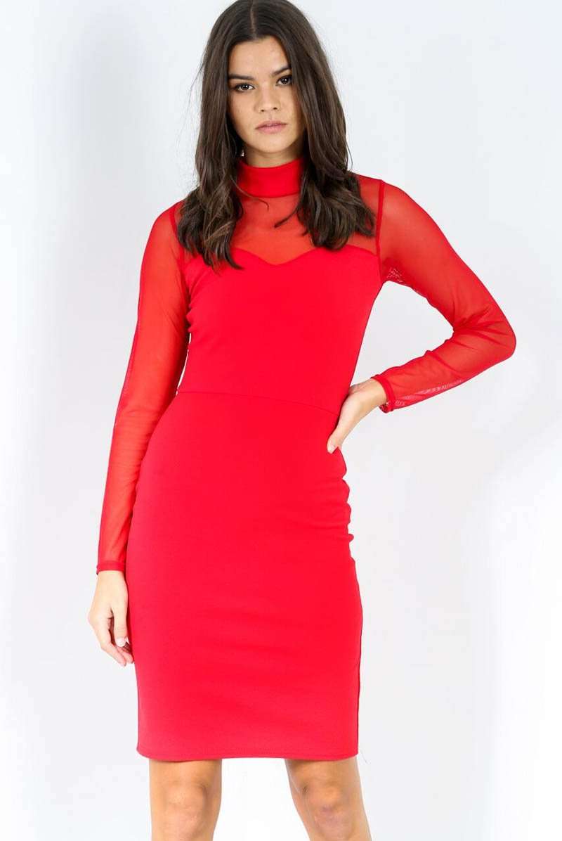 Mesh Long Sleeve Red Bodycon Midi Dress - bejealous-com