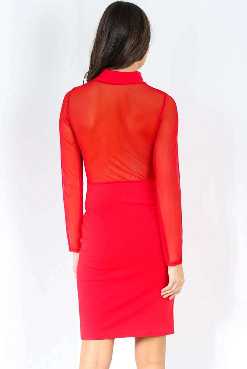 Mesh Long Sleeve Red Bodycon Midi Dress - bejealous-com