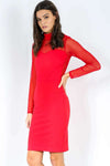 Mesh Long Sleeve Red Bodycon Midi Dress - bejealous-com