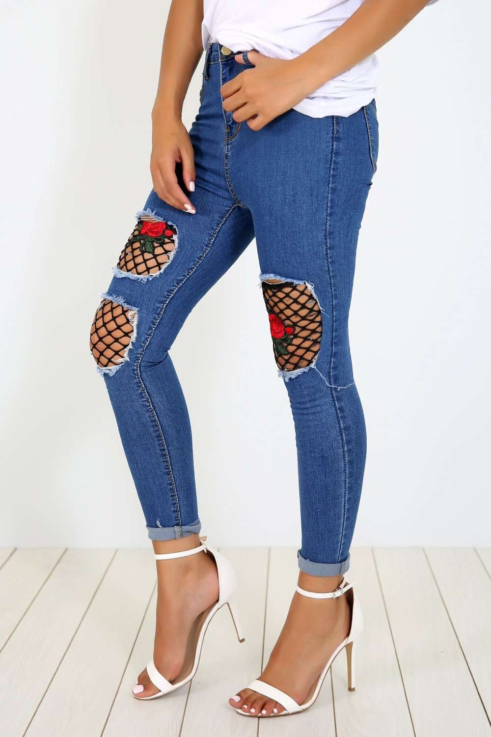 Mia Mesh Floral Ripped Skinny Jeans - bejealous-com