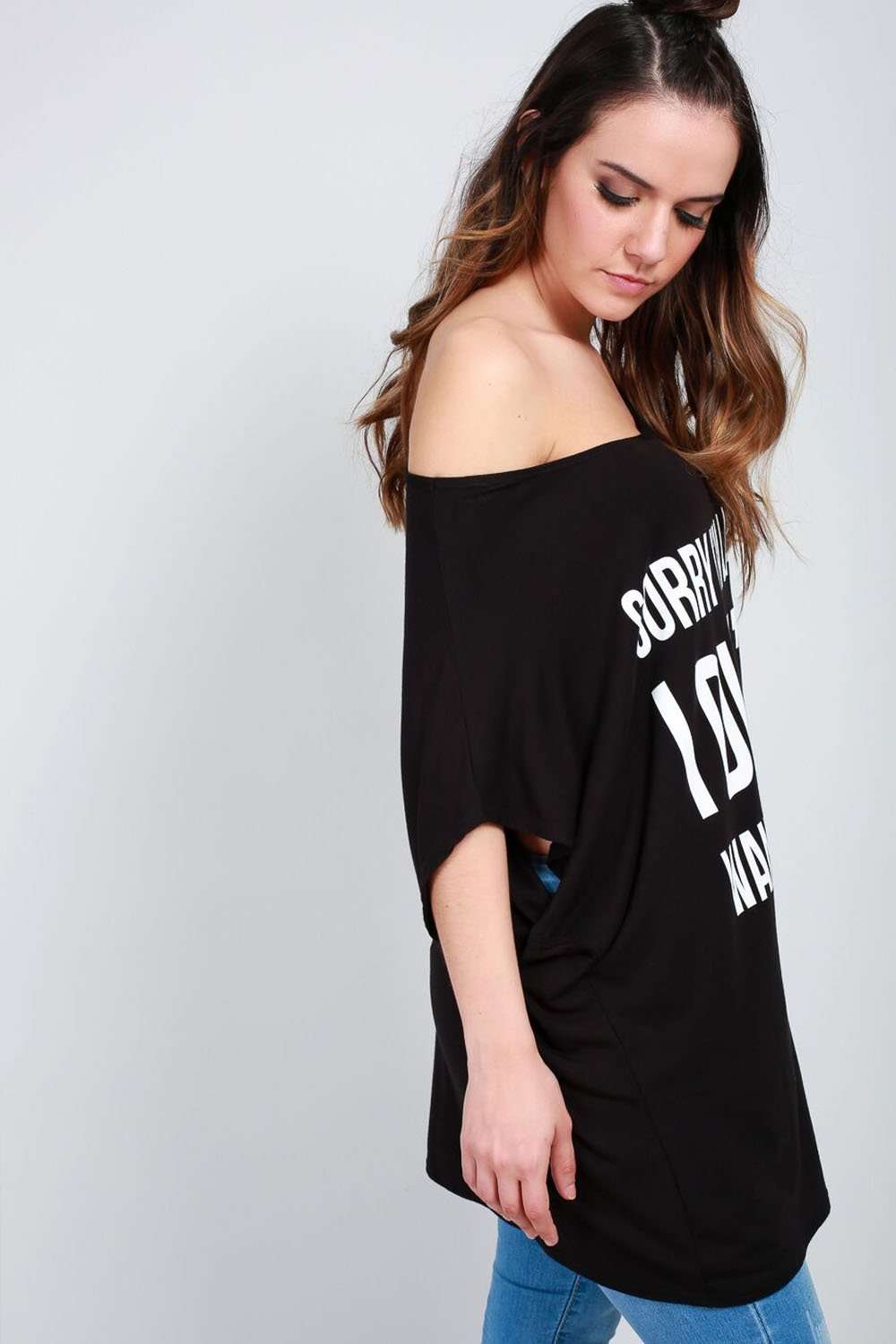 MIa Off Shoulder Slogan Print Oversize Tshirt - bejealous-com