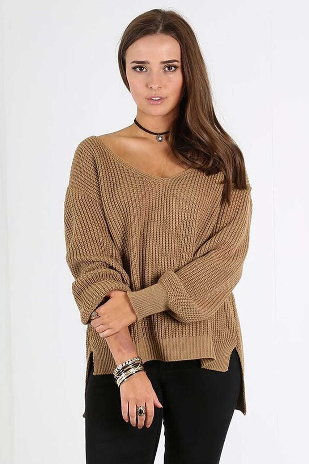 Miah Vneck Off Shoulder Knitted Jumper - bejealous-com