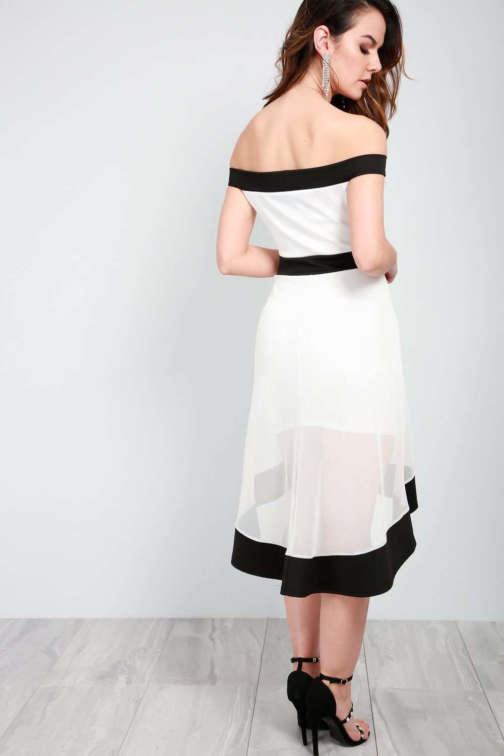Monochrome Off Shoulder Dipped Hem Mesh Midi Dress - bejealous-com