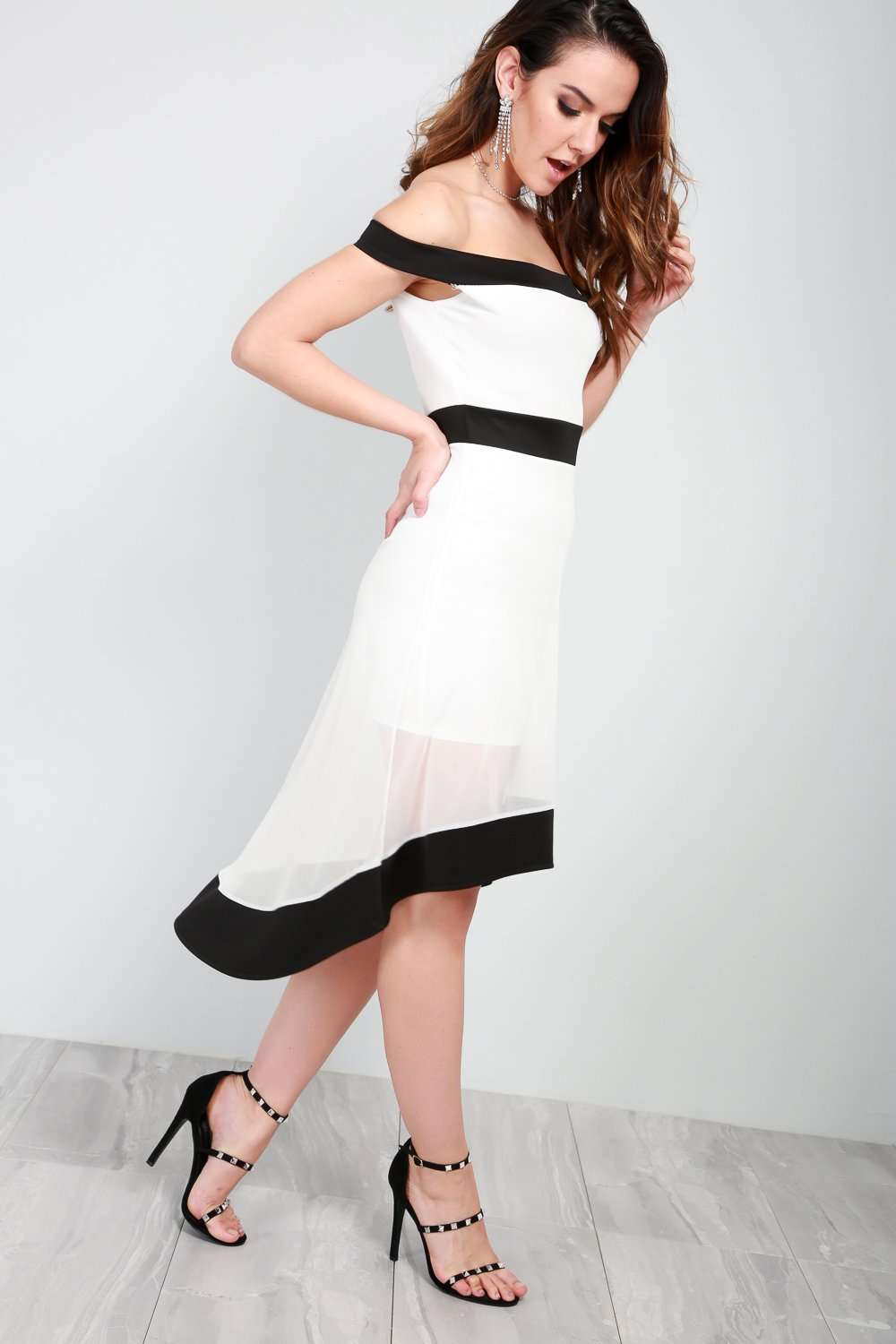 Monochrome Off Shoulder Dipped Hem Mesh Midi Dress - bejealous-com
