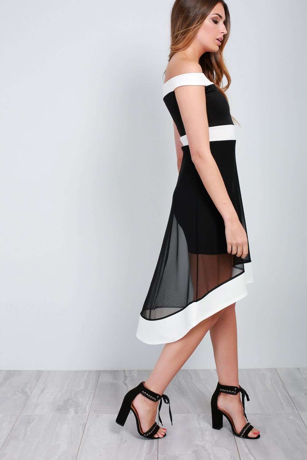 Monochrome Off Shoulder Dipped Hem Mesh Midi Dress - bejealous-com