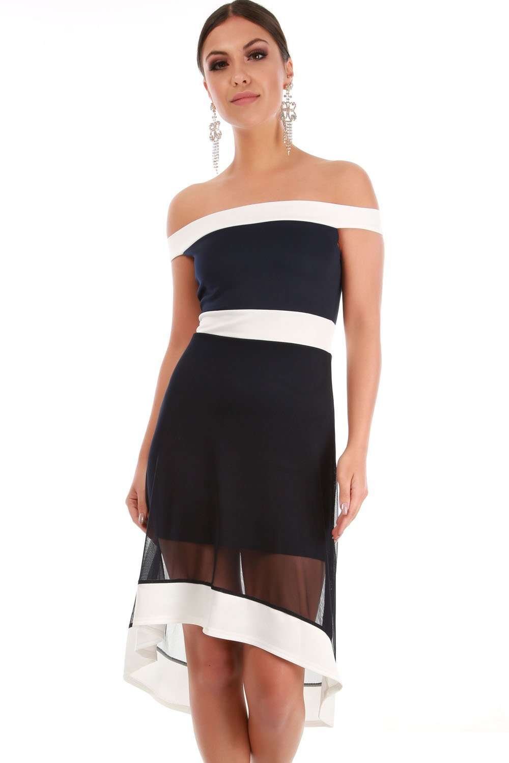 Monochrome Off Shoulder Dipped Hem Mesh Midi Dress - bejealous-com